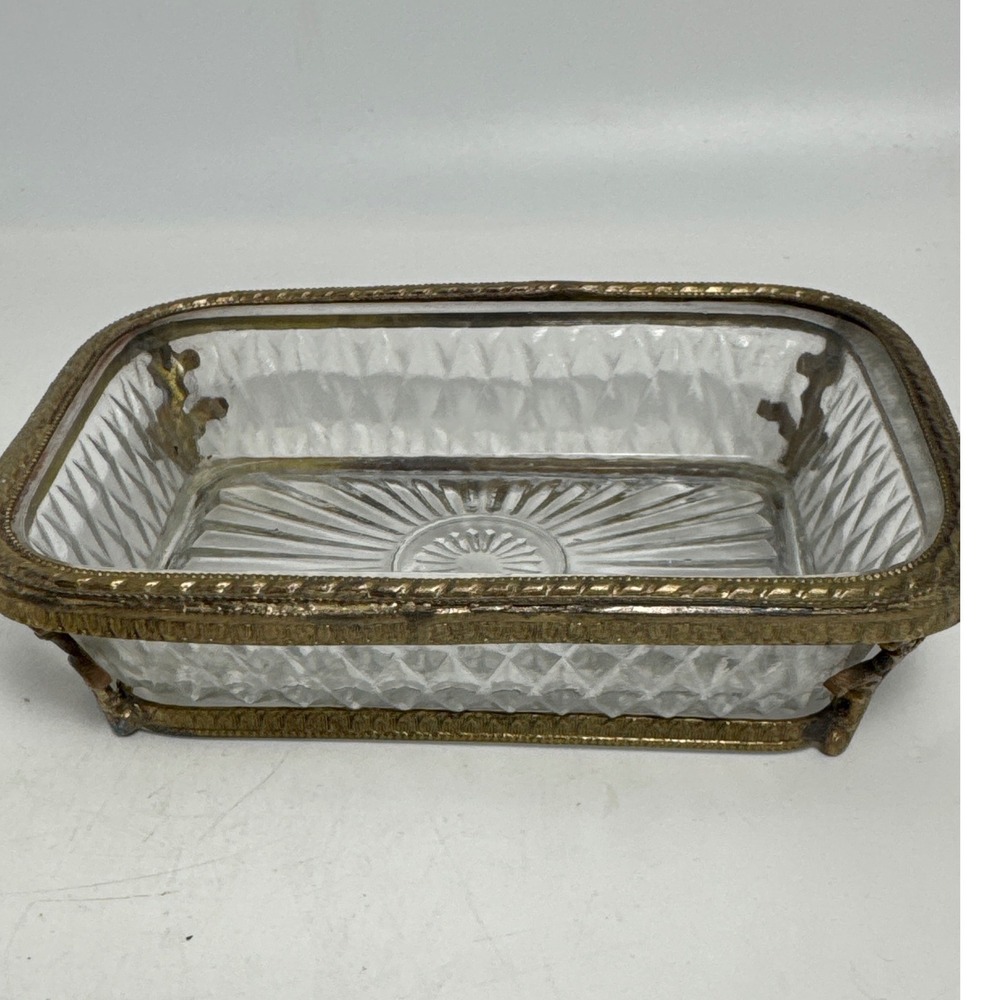 Vintage Crystal Glass Trinket Dish Brass Filigree Frame Gold Rectangular Good 5" - Picture 2 of 11